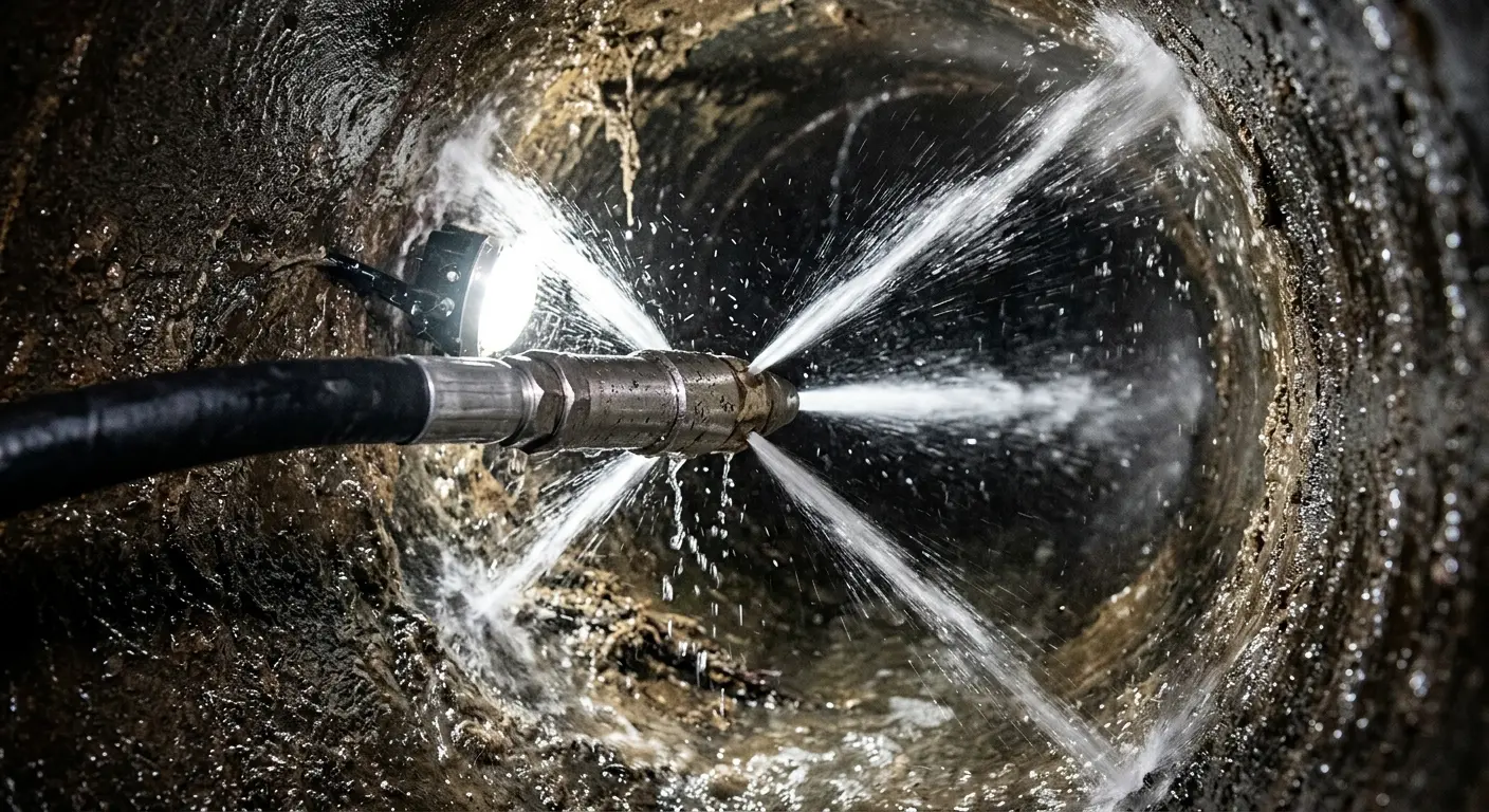 High-pressure hydro jetting nozzle cleaning sewer pipe for Emergency Drain Service in Bristol